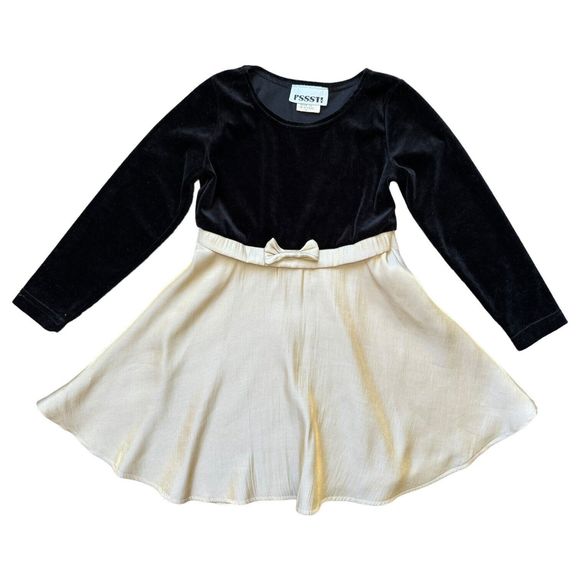 Vintage Pssst Girls 6X Black Velvet Bodice Dress with Shiny Gold Satin Skirt Bow - Picture 2 of 9